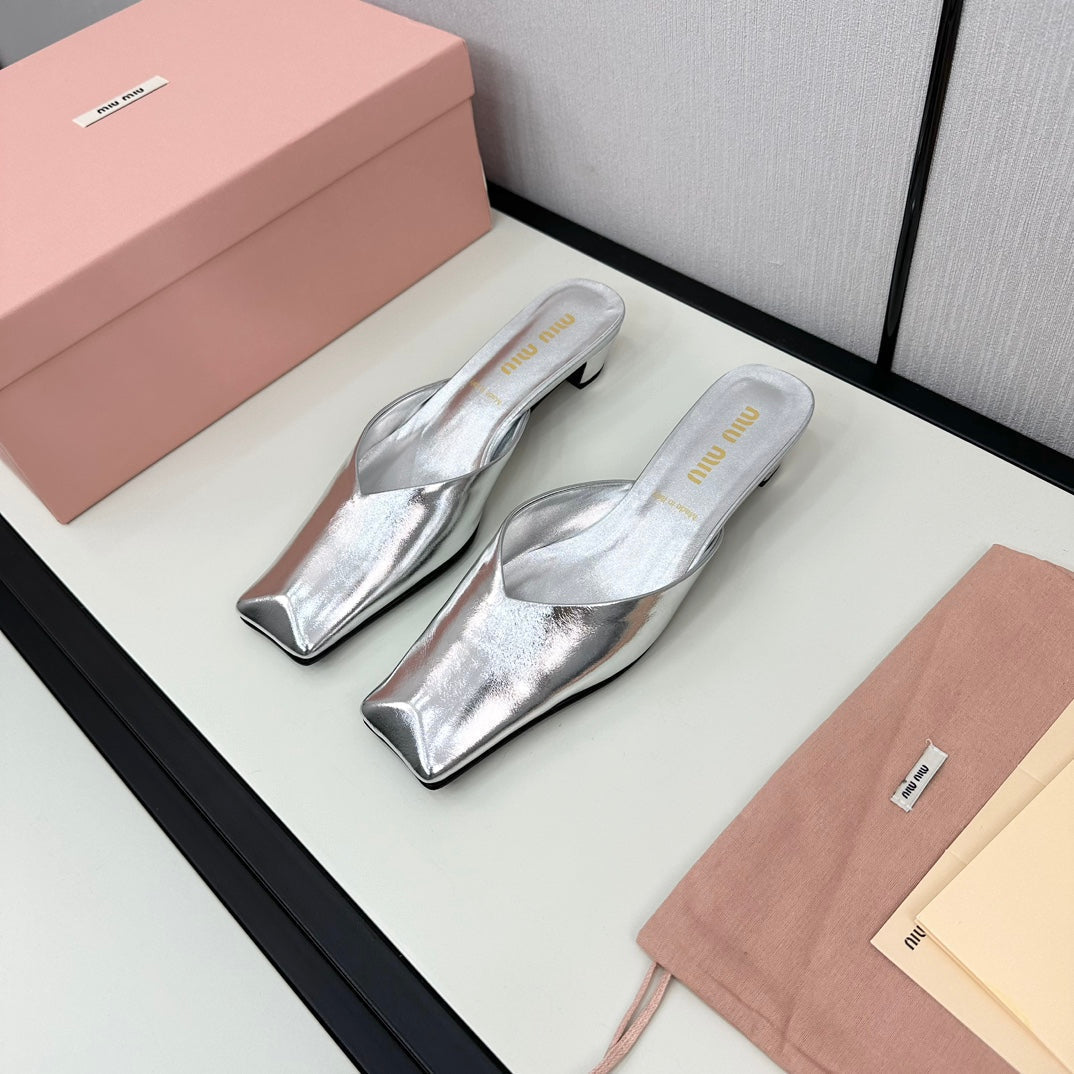 SQUARE TOE MULES SILVER SHEEPSKIN - 35