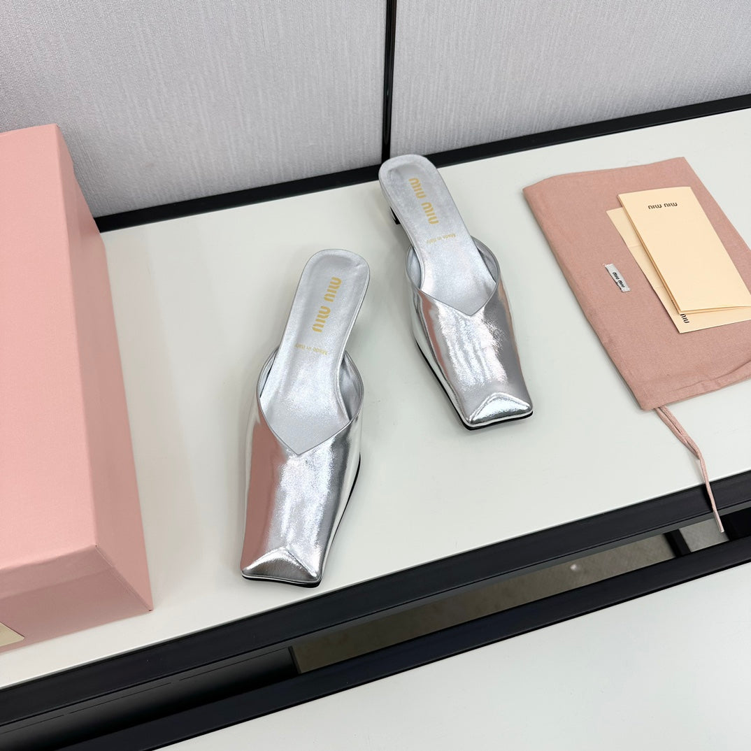 SQUARE TOE MULES SILVER SHEEPSKIN - 35