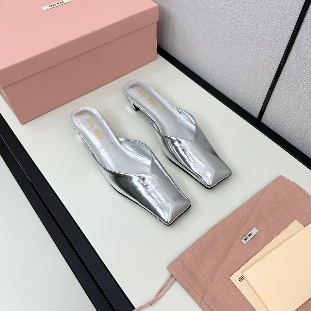 SQUARE TOE MULES SILVER SHEEPSKIN - 35