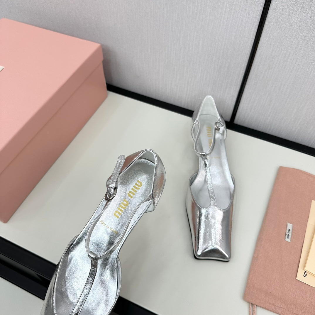 BALLET SANDAL SILVER LAMBSKIN WITH T-STRAP - 35