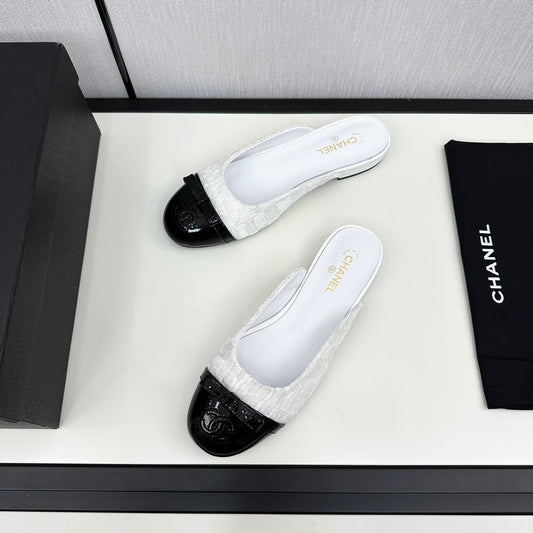 BOW MULE IN WHITE FABRIC AND BLACK CALFSKIN - 35