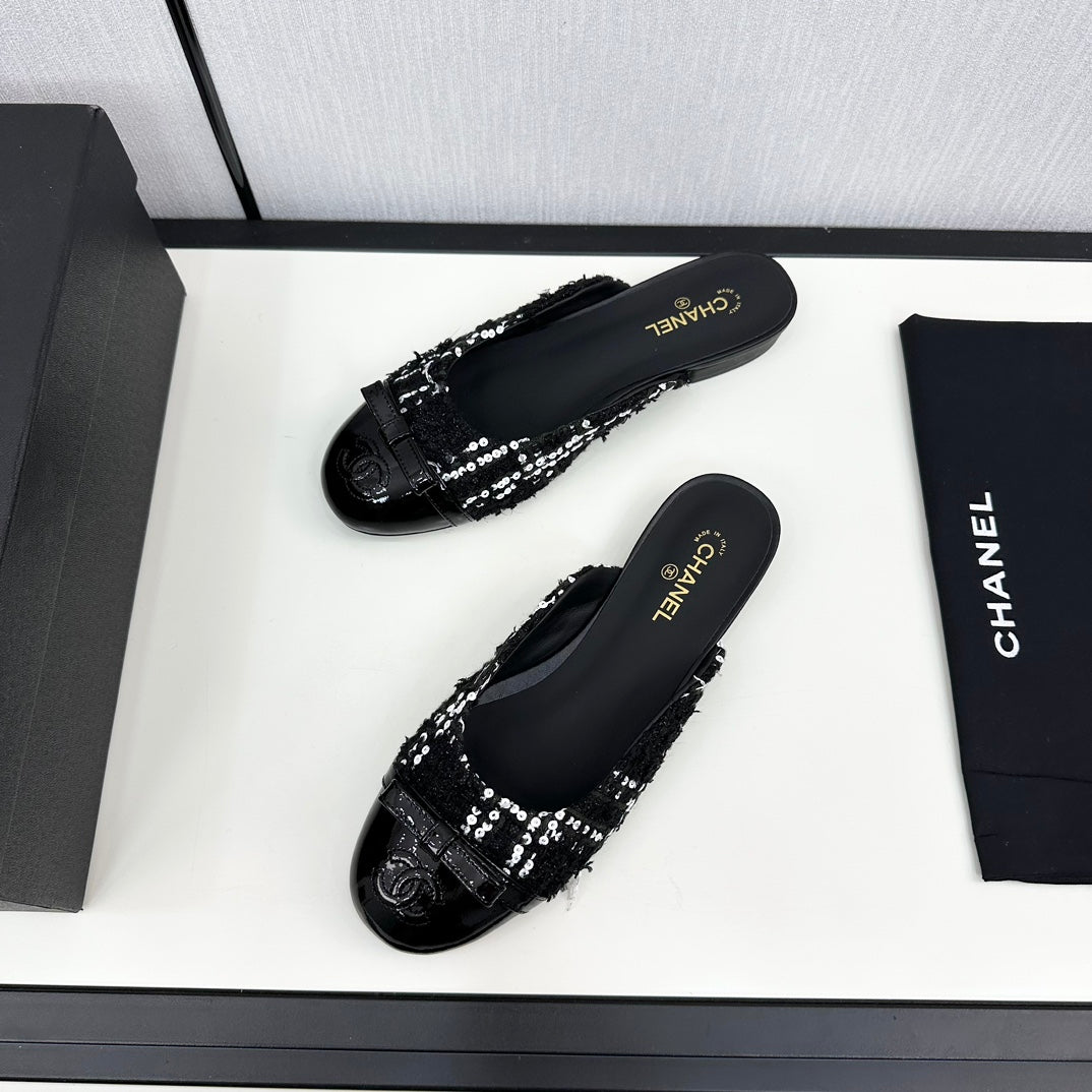 BOW MULE IN BLACK MIX WHITE FUR AND CALFSKIN - 35