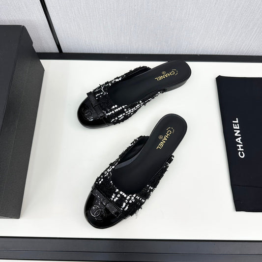 BOW MULE IN BLACK MIX WHITE FUR AND CALFSKIN - 35