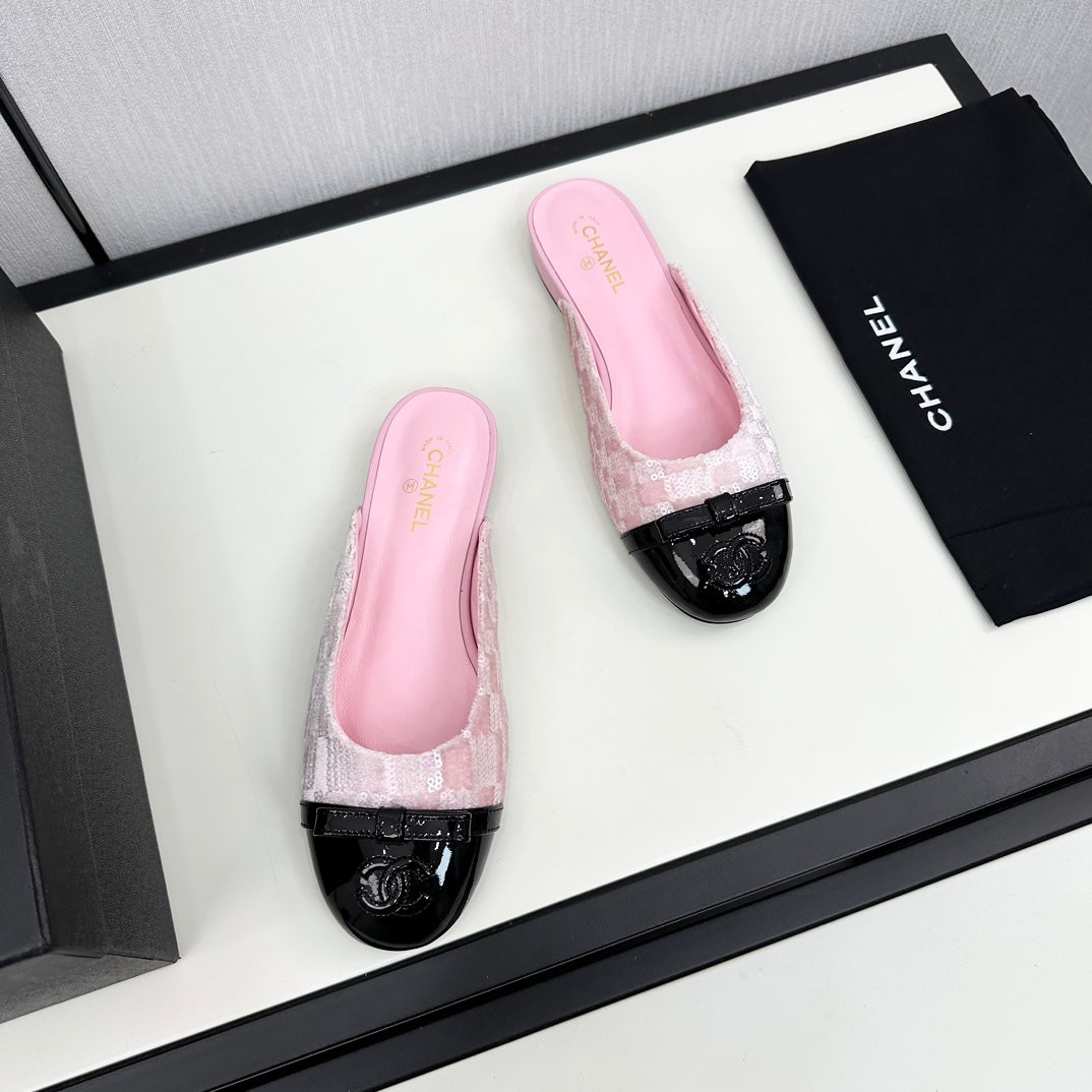 BOW MULE IN LIGHT PINK FABRIC AND BLACK CALFSKIN - 35