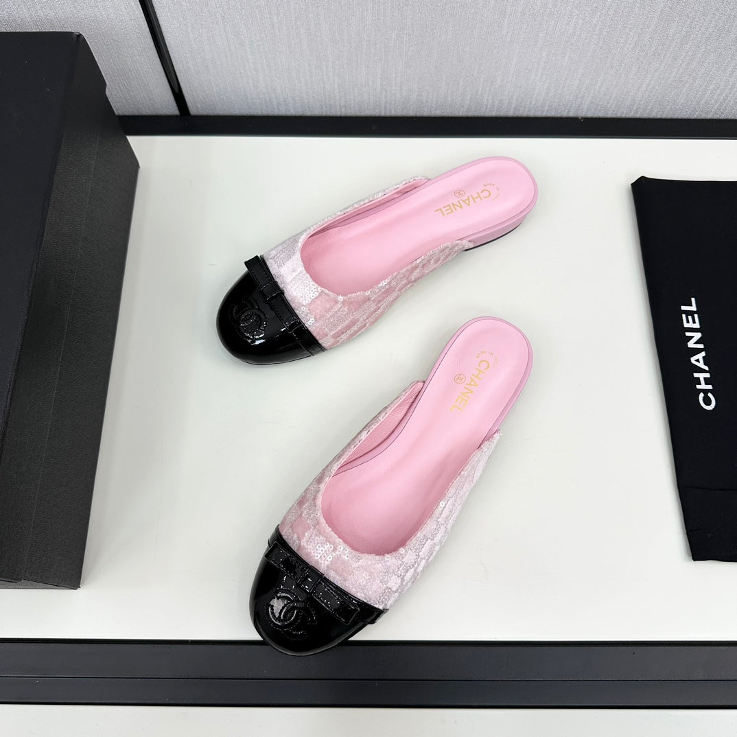 BOW MULE IN LIGHT PINK FABRIC AND BLACK CALFSKIN - 35