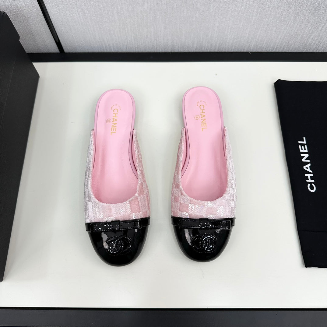 BOW MULE IN LIGHT PINK FABRIC AND BLACK CALFSKIN - 35