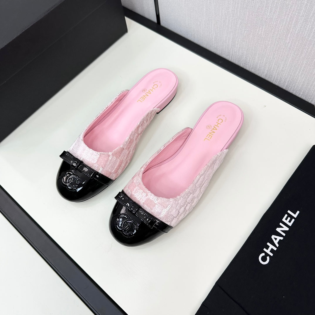 BOW MULE IN LIGHT PINK FABRIC AND BLACK CALFSKIN - 35