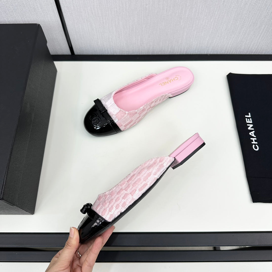 BOW MULE IN LIGHT PINK FABRIC AND BLACK CALFSKIN - 35