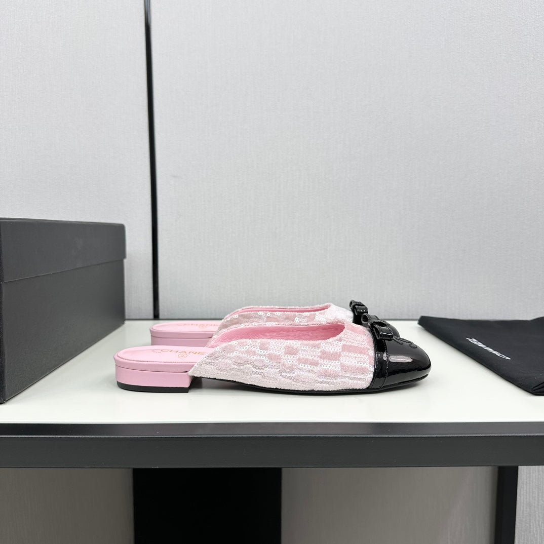 BOW MULE IN LIGHT PINK FABRIC AND BLACK CALFSKIN - 35