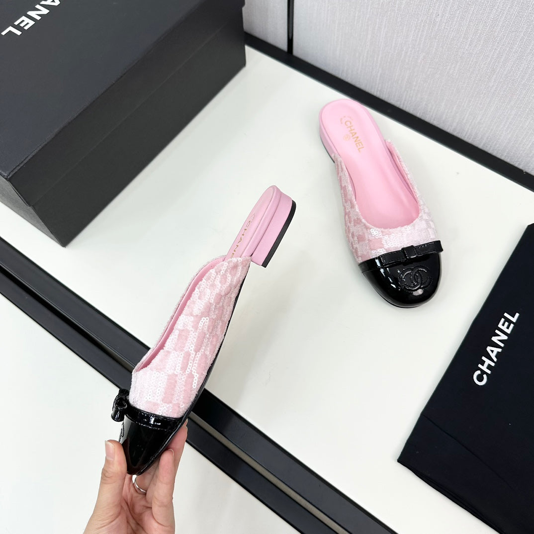 BOW MULE IN LIGHT PINK FABRIC AND BLACK CALFSKIN - 35