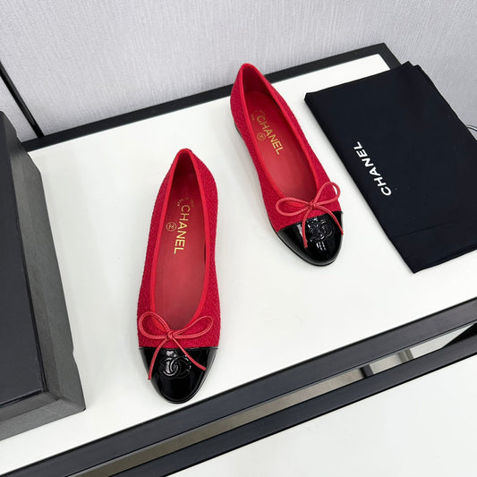 BALLET FLATS IN RUBY RED TWEED AND BLACK CALFSKIN - 34