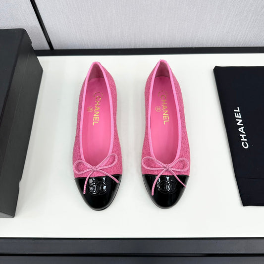 BALLET FLATS IN BRIGHT PINK TWEED AND BLACK CALFSKIN - 34