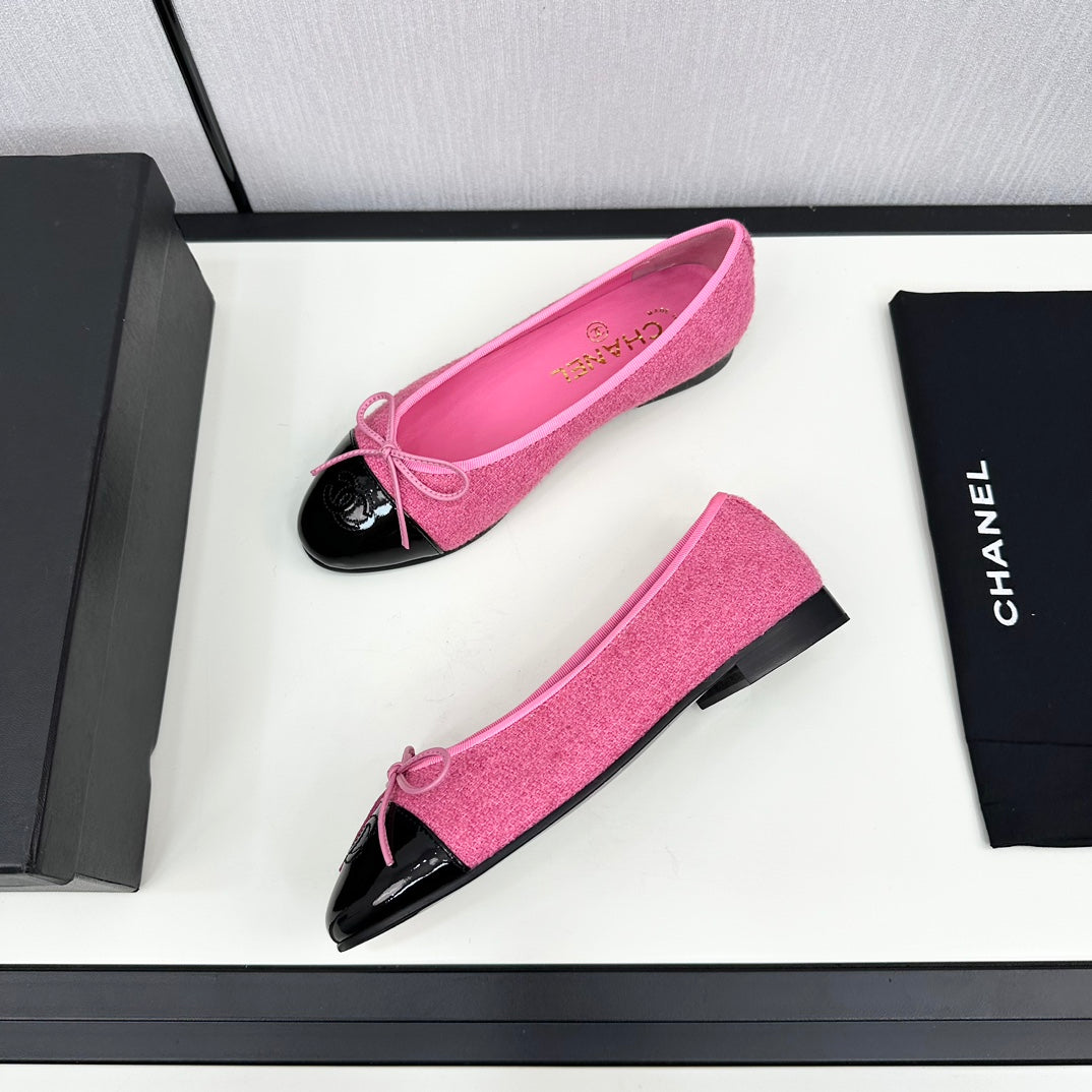 BALLET FLATS IN BRIGHT PINK TWEED AND BLACK CALFSKIN - 34