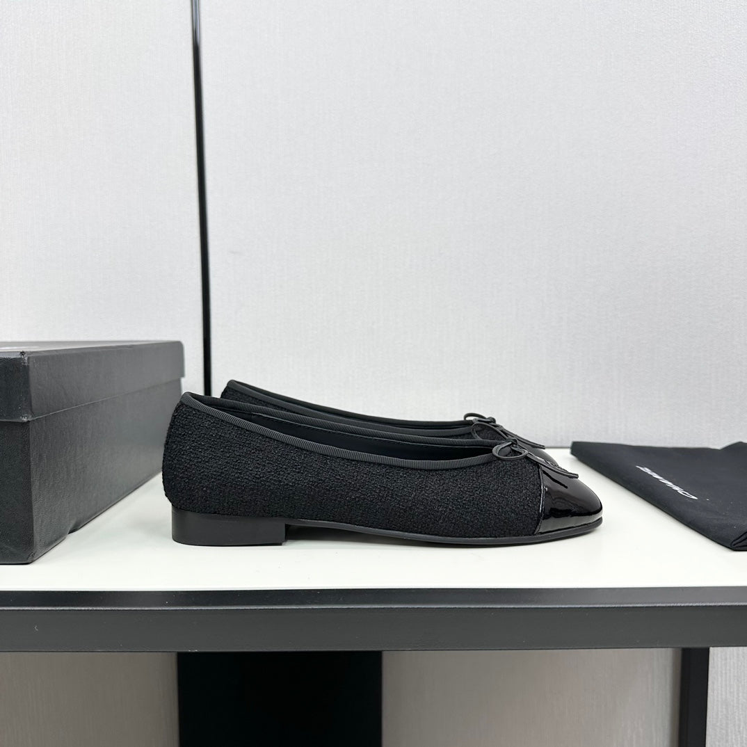 BALLET FLATS IN BLACK TWEED AND CALFSKIN - 34