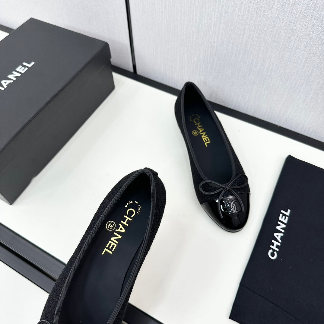 BALLET FLATS IN BLACK TWEED AND CALFSKIN - 34