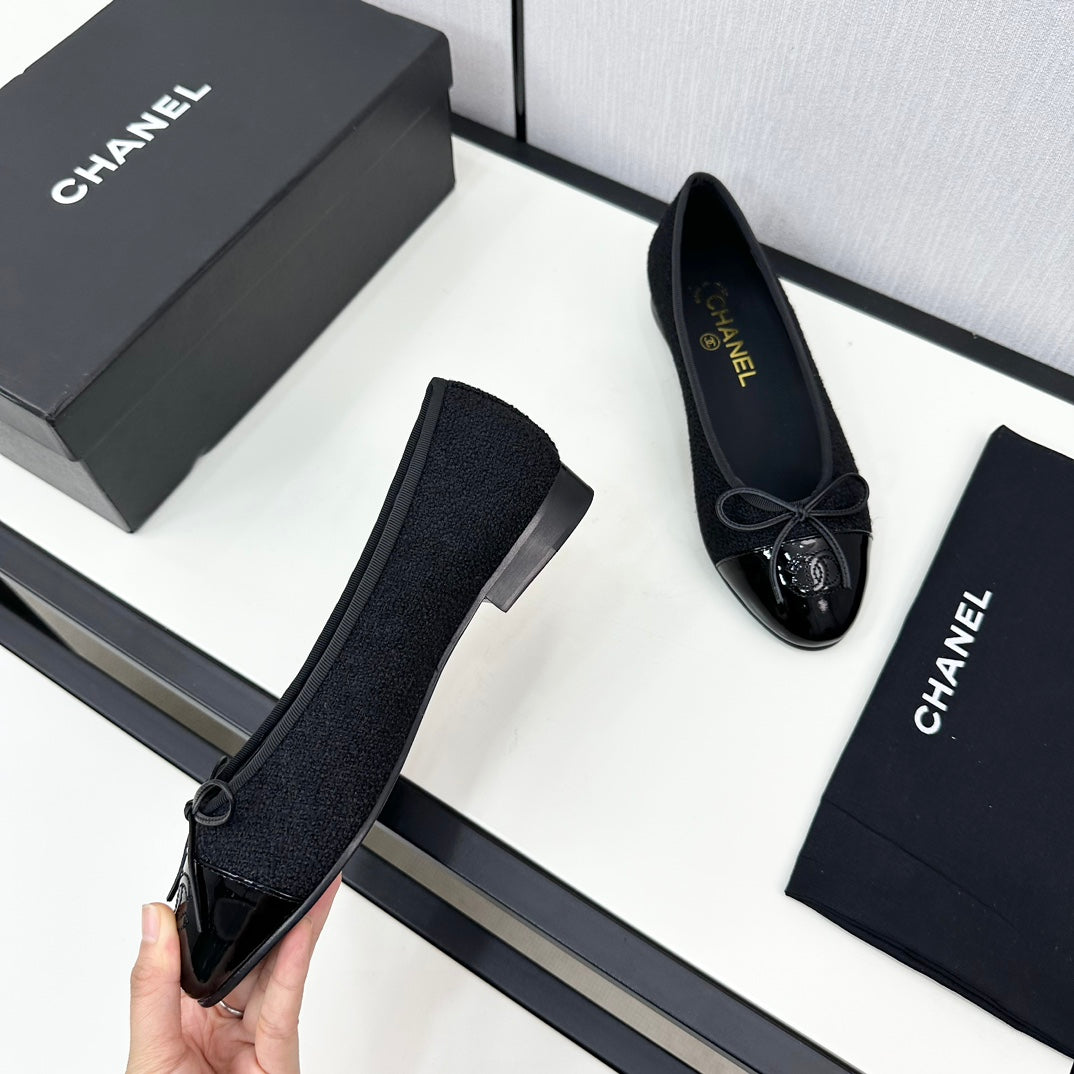 BALLET FLATS IN BLACK TWEED AND CALFSKIN - 34