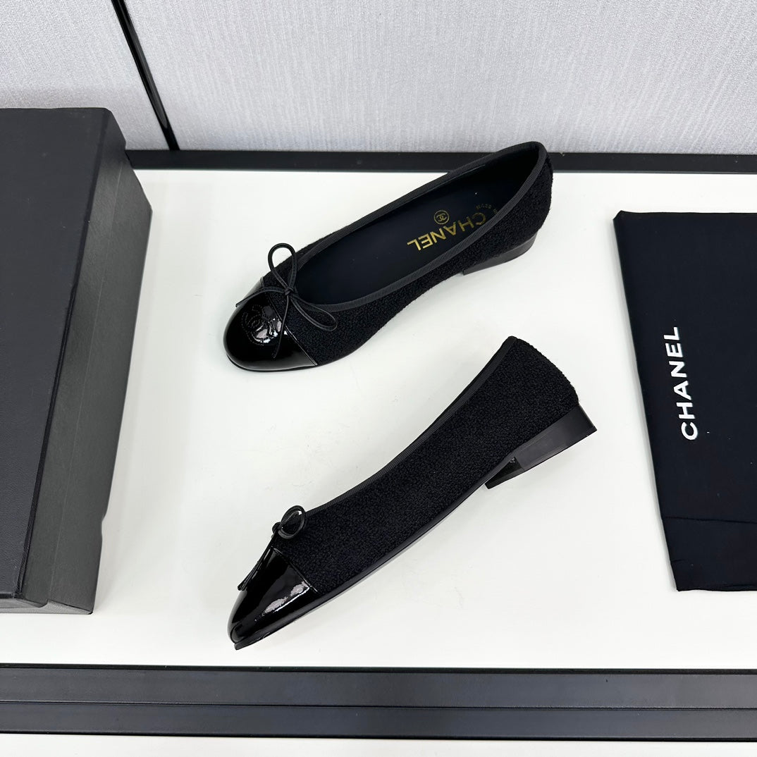 BALLET FLATS IN BLACK TWEED AND CALFSKIN - 34