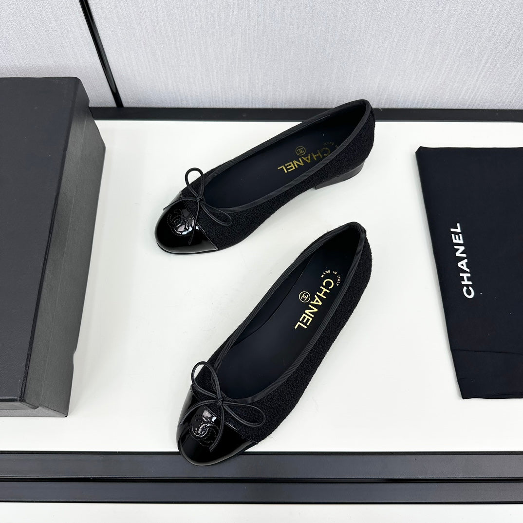 BALLET FLATS IN BLACK TWEED AND CALFSKIN - 34