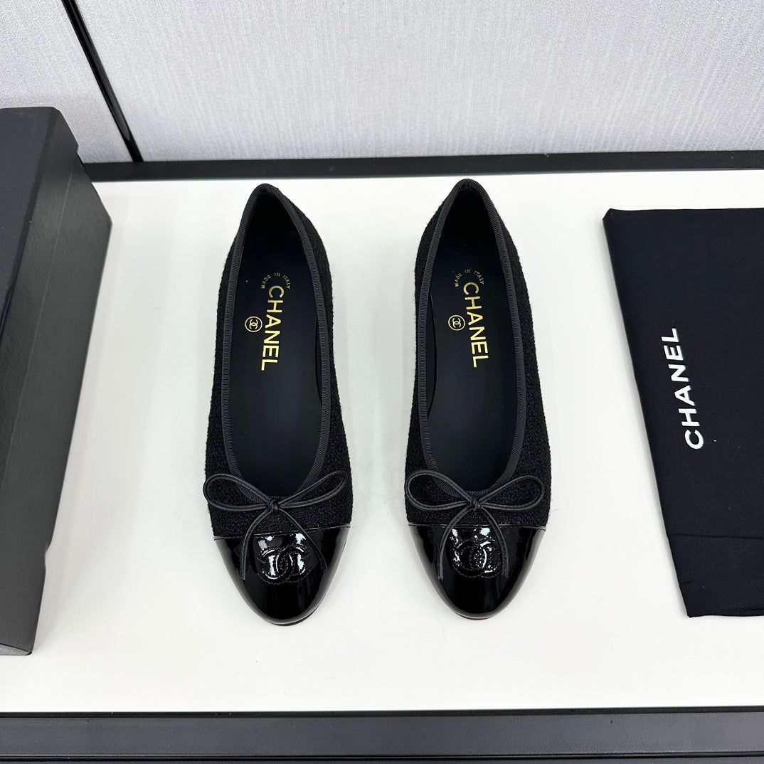 BALLET FLATS IN BLACK TWEED AND CALFSKIN - 34