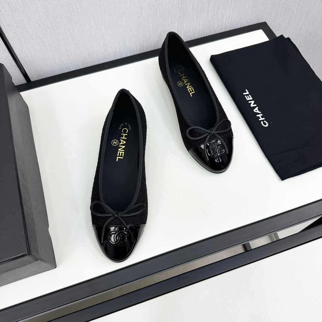 BALLET FLATS IN BLACK TWEED AND CALFSKIN - 34