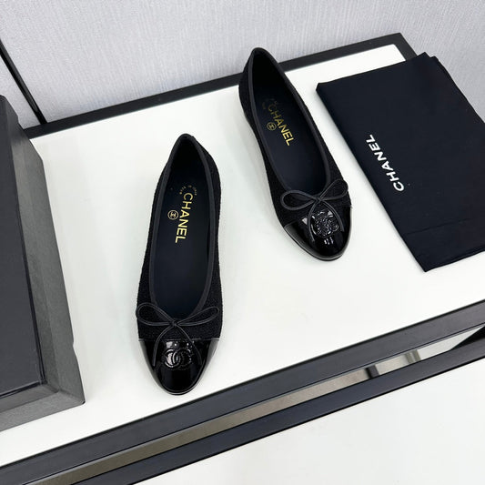 BALLET FLATS IN BLACK TWEED AND CALFSKIN - 34