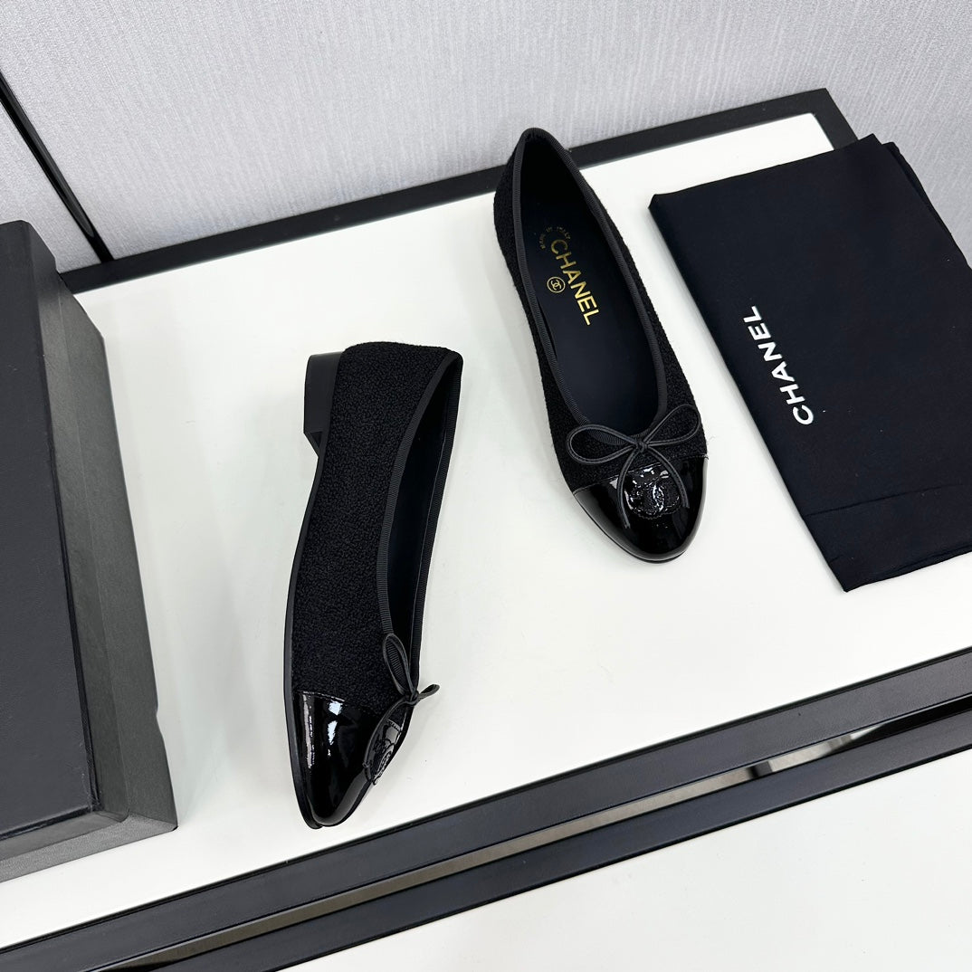 BALLET FLATS IN BLACK TWEED AND CALFSKIN - 34