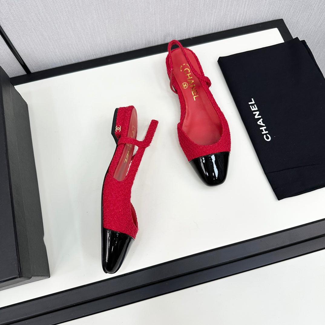 SLINGBACK ROSE RED TWEED AND BLACK CALFSKIN - 34