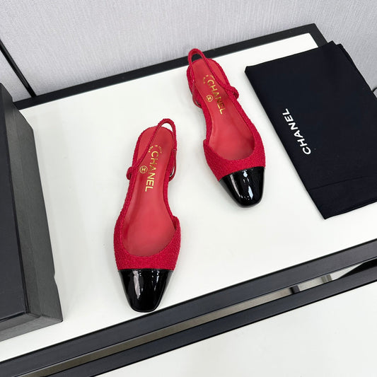 SLINGBACK ROSE RED TWEED AND BLACK CALFSKIN - 34
