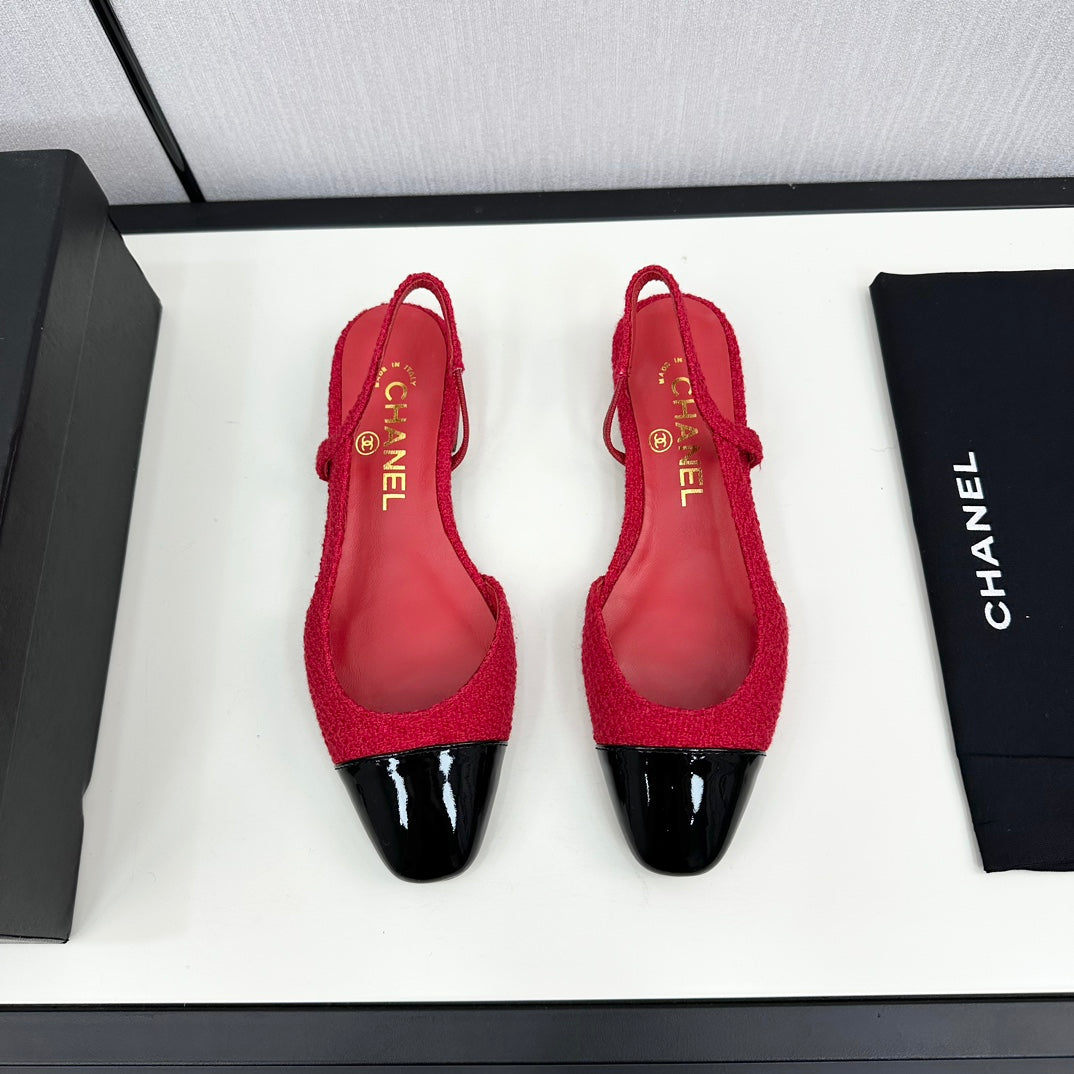 SLINGBACK ROSE RED TWEED AND BLACK CALFSKIN - 34