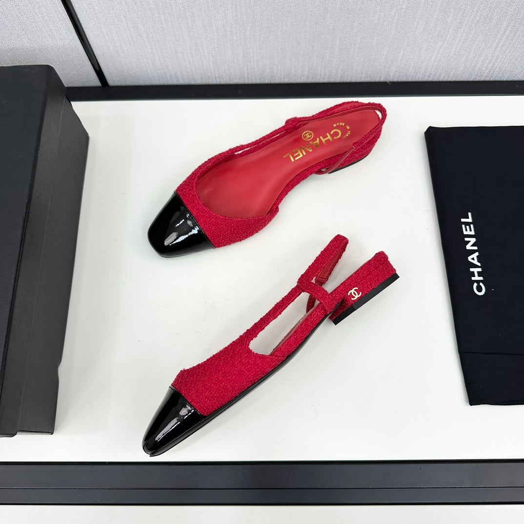 SLINGBACK ROSE RED TWEED AND BLACK CALFSKIN - 34