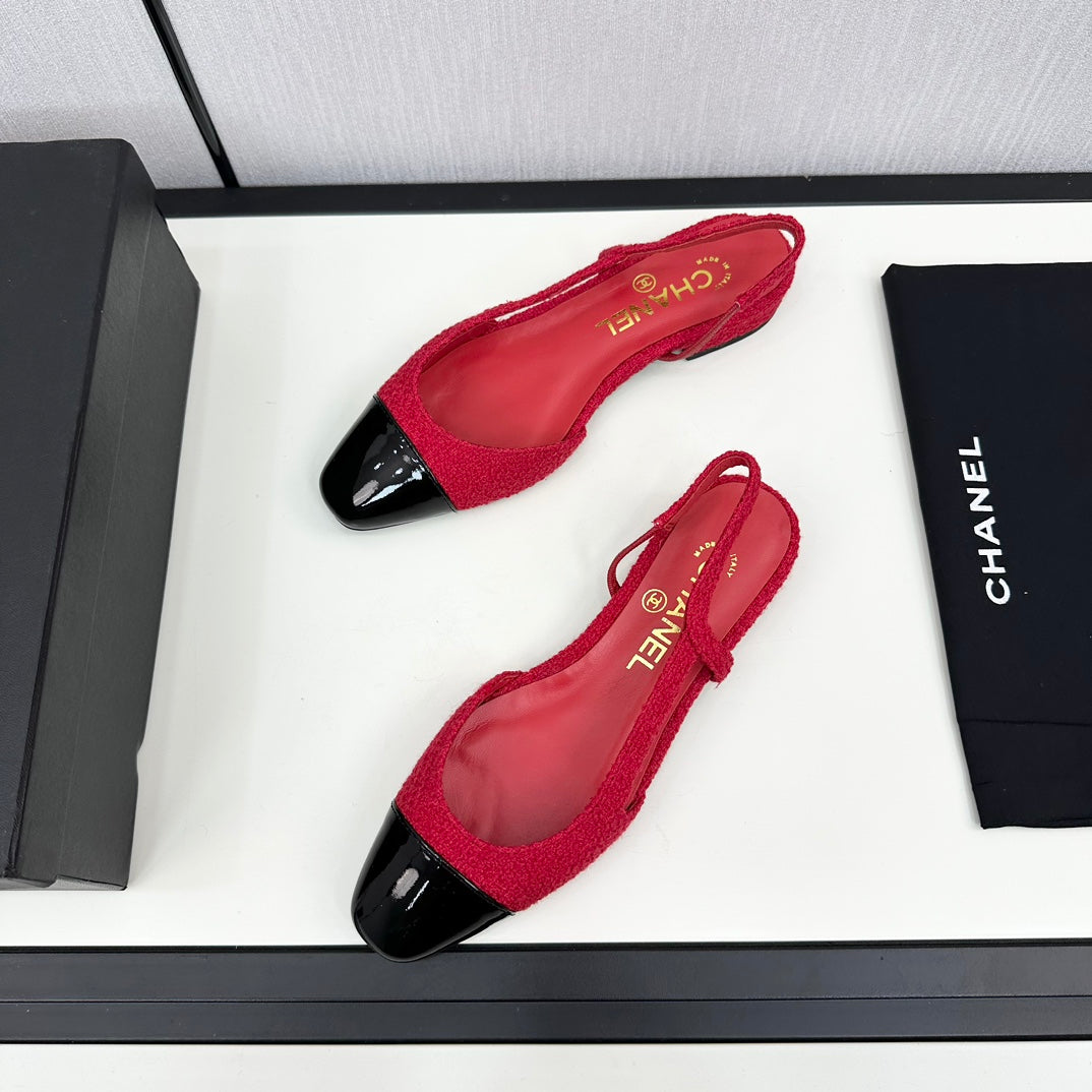 SLINGBACK ROSE RED TWEED AND BLACK CALFSKIN - 34