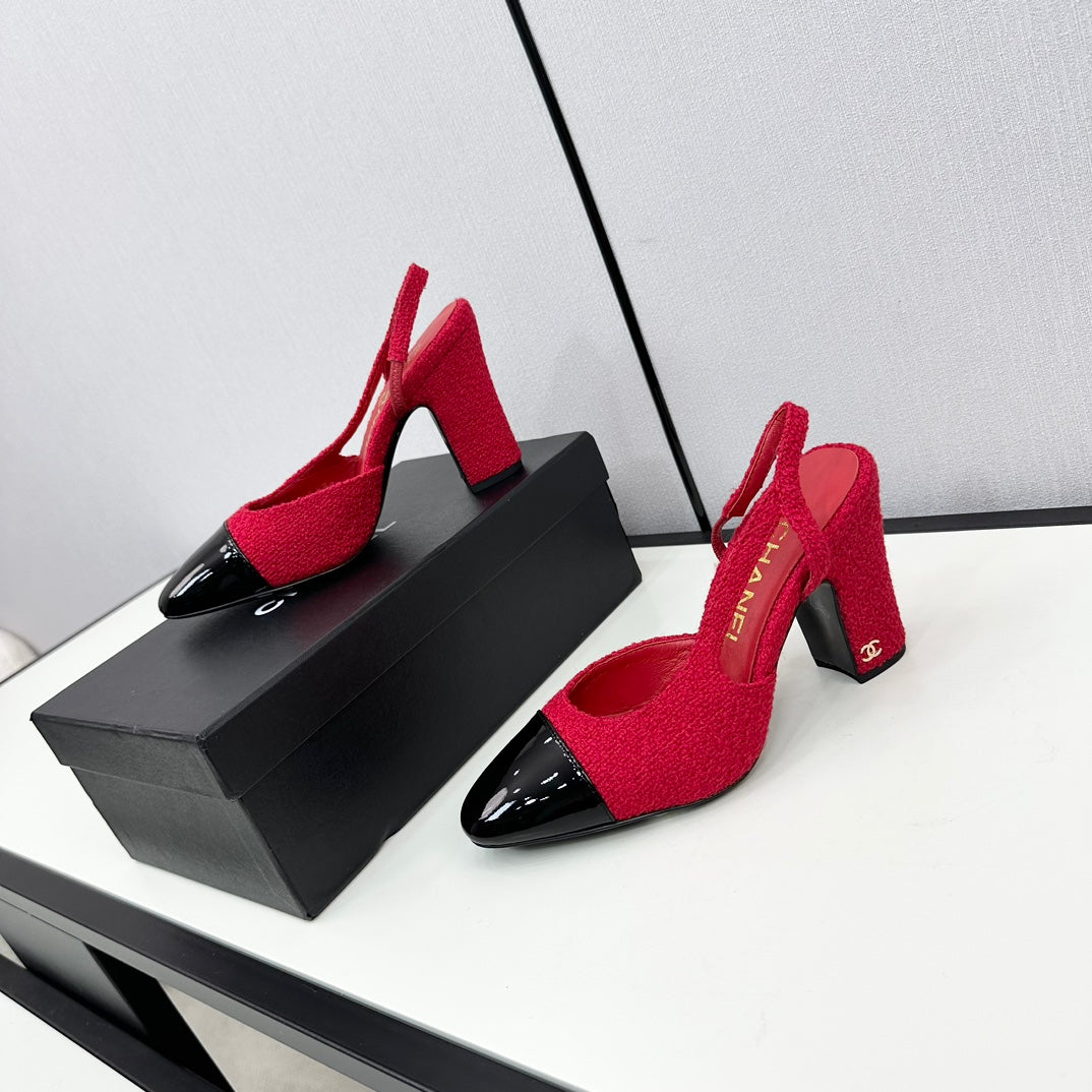 HIGH SLINGBACK ROSE RED TWEED AND BLACK CALFSKIN - 34