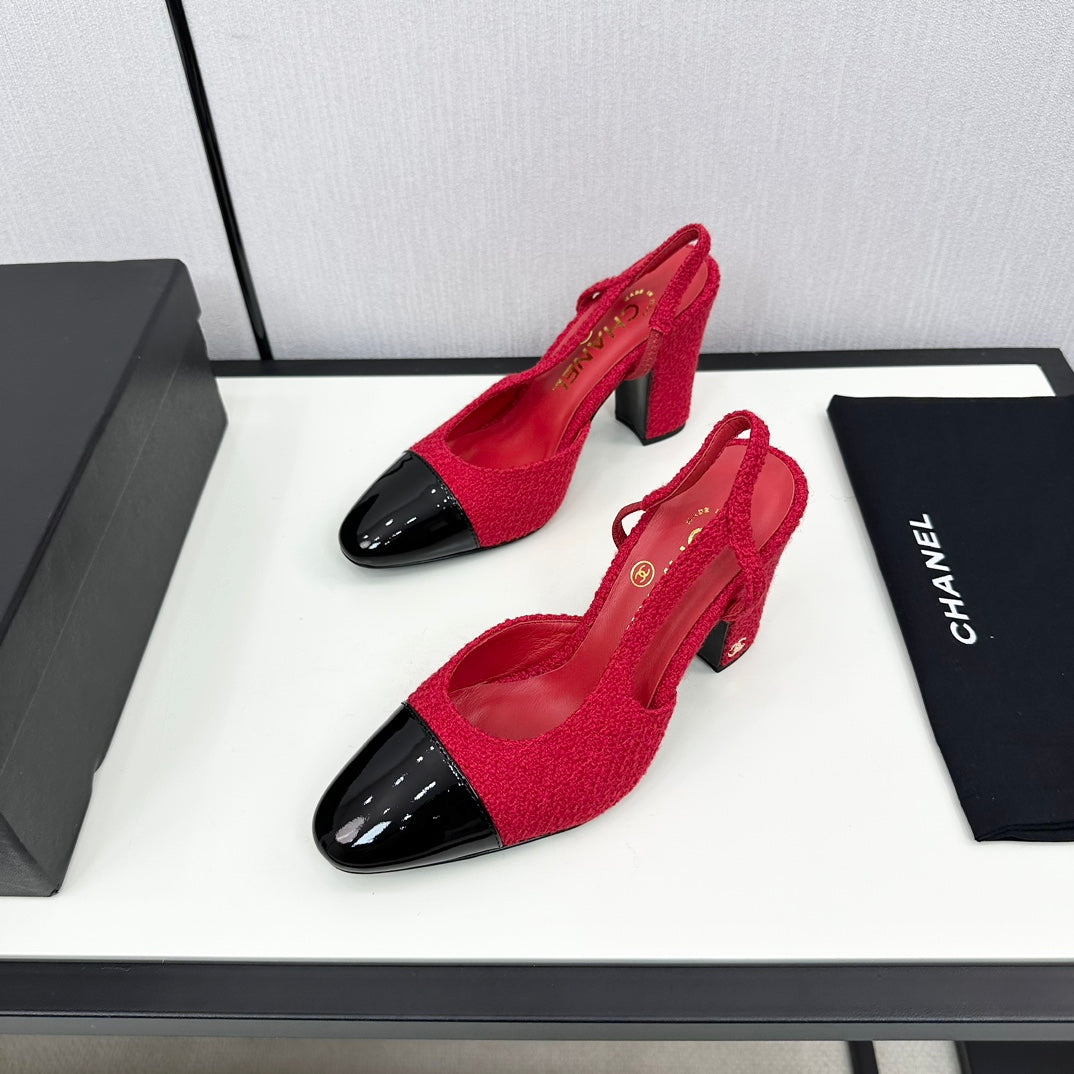 HIGH SLINGBACK ROSE RED TWEED AND BLACK CALFSKIN - 34