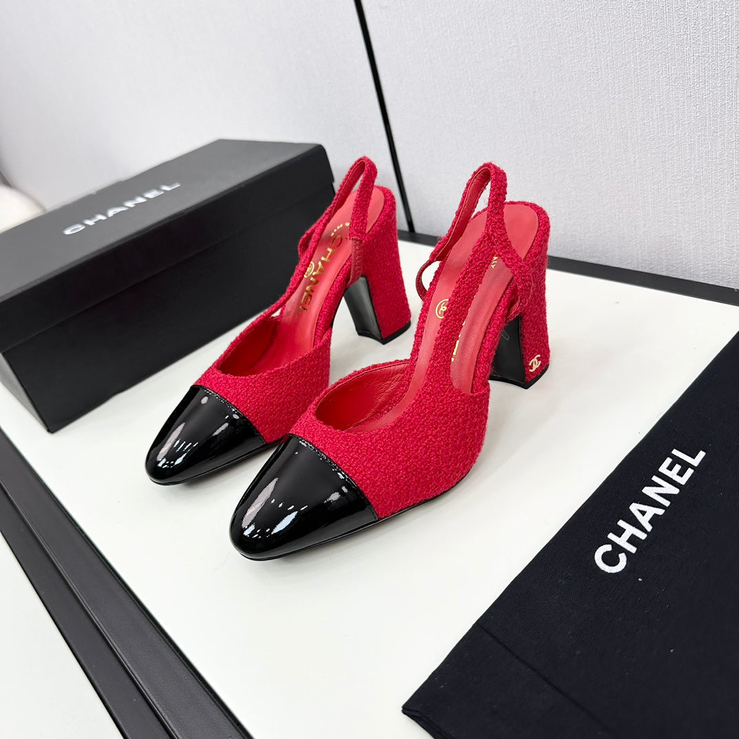 HIGH SLINGBACK ROSE RED TWEED AND BLACK CALFSKIN - 34