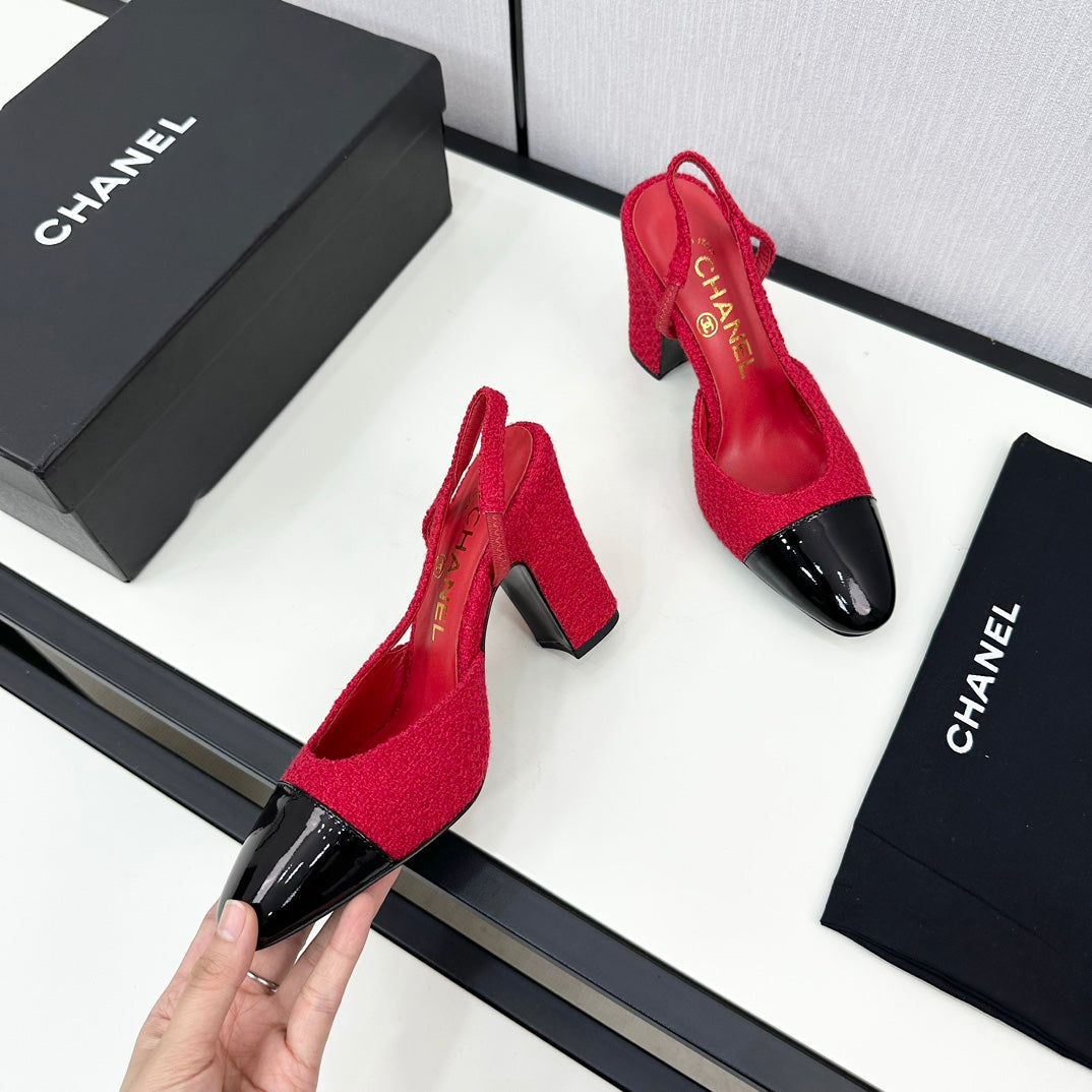 HIGH SLINGBACK ROSE RED TWEED AND BLACK CALFSKIN - 34