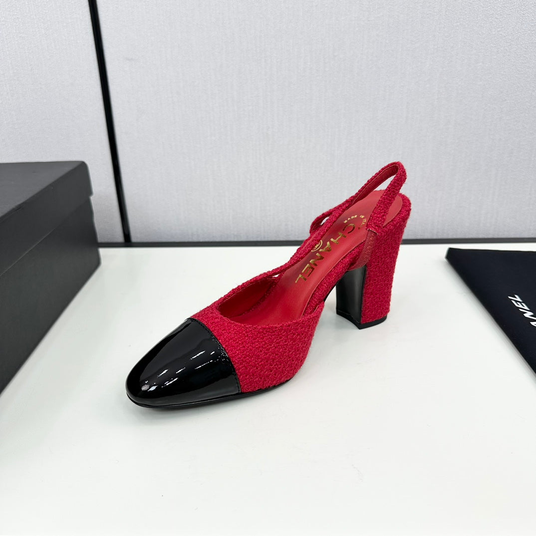HIGH SLINGBACK ROSE RED TWEED AND BLACK CALFSKIN - 34