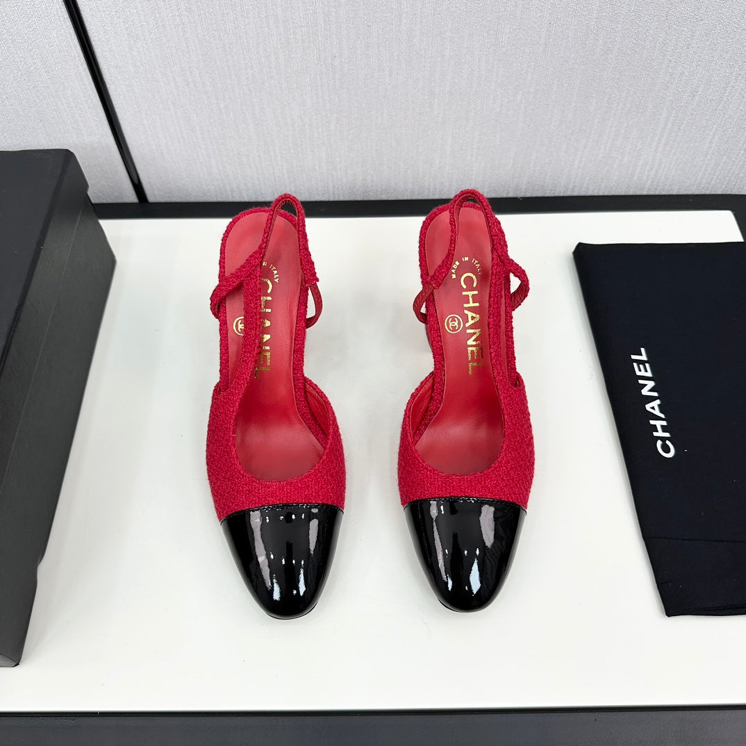 HIGH SLINGBACK ROSE RED TWEED AND BLACK CALFSKIN - 34