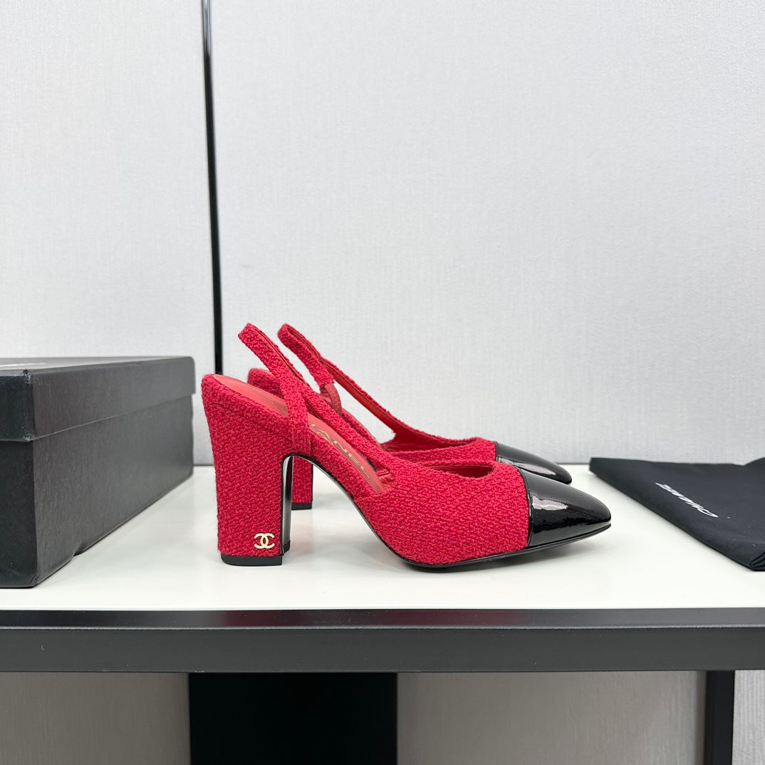 HIGH SLINGBACK ROSE RED TWEED AND BLACK CALFSKIN - 34