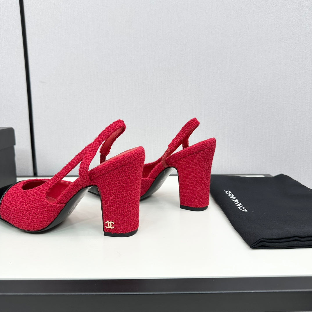 HIGH SLINGBACK ROSE RED TWEED AND BLACK CALFSKIN - 34