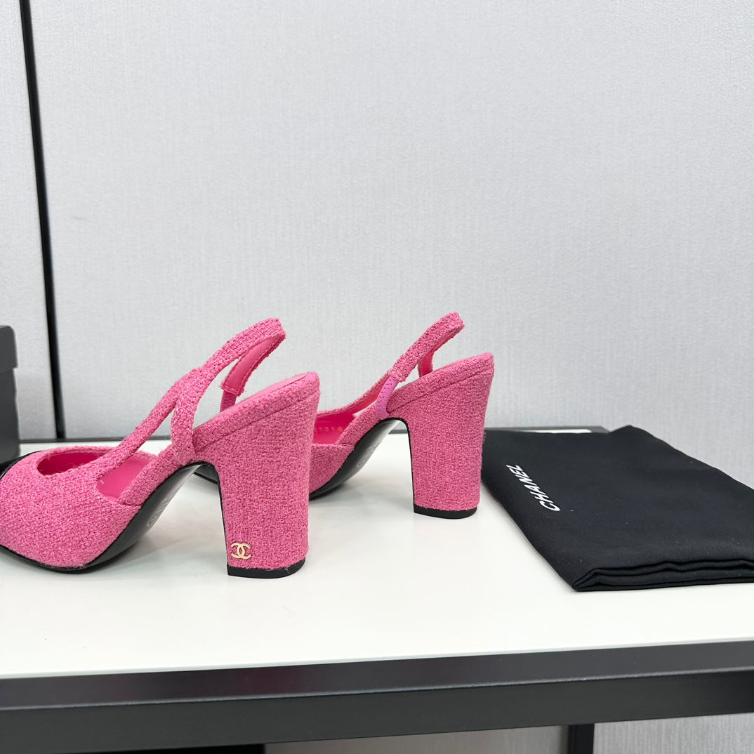 HIGH SLINGBACK BRIGHT PINK TWEED AND BLACK CALFSKIN - 34