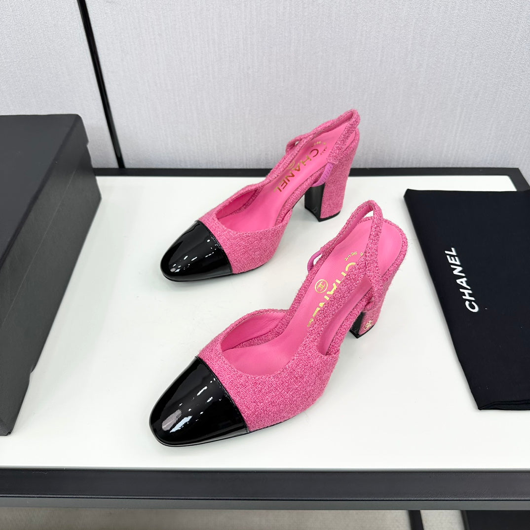 HIGH SLINGBACK BRIGHT PINK TWEED AND BLACK CALFSKIN - 34