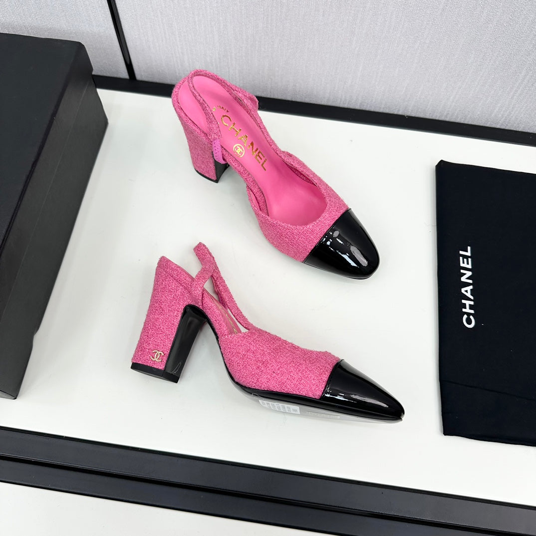 HIGH SLINGBACK BRIGHT PINK TWEED AND BLACK CALFSKIN - 34