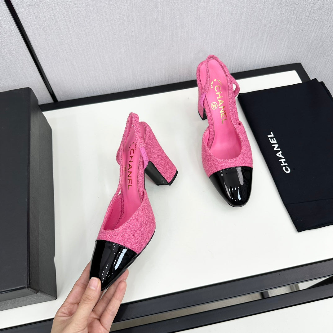 HIGH SLINGBACK BRIGHT PINK TWEED AND BLACK CALFSKIN - 34