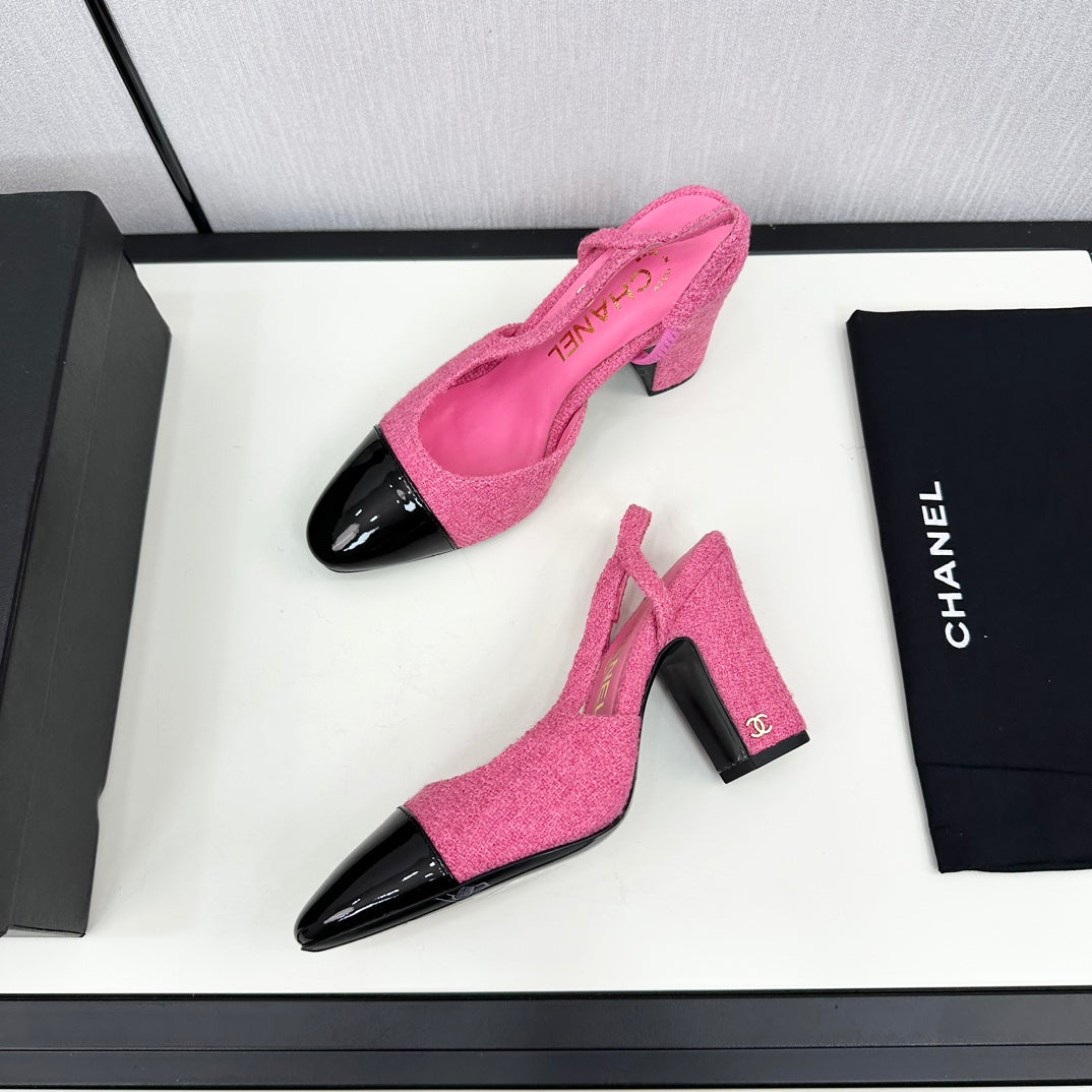 HIGH SLINGBACK BRIGHT PINK TWEED AND BLACK CALFSKIN - 34