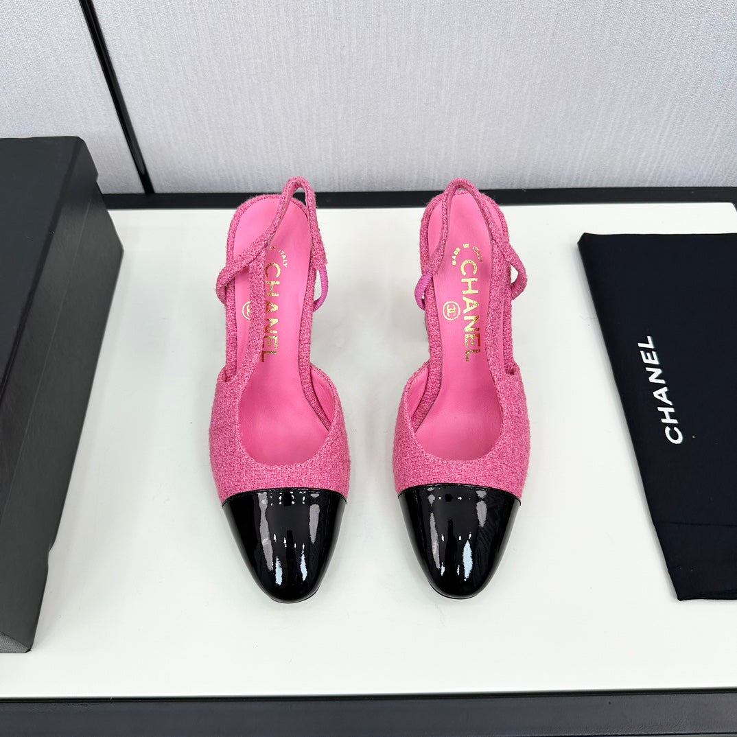 HIGH SLINGBACK BRIGHT PINK TWEED AND BLACK CALFSKIN - 34