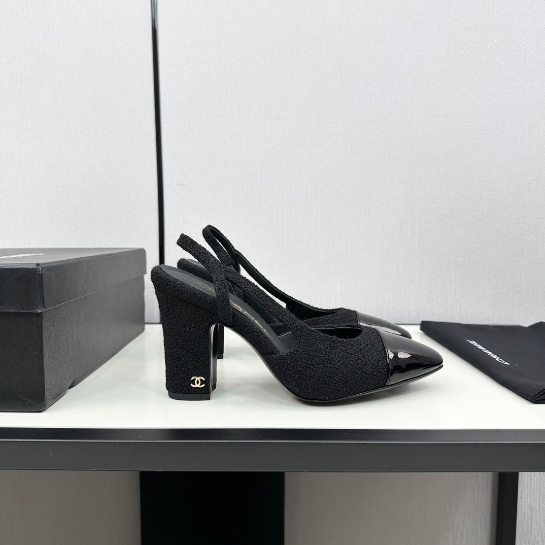 HIGH SLINGBACK BLACK TWEED AND CALFSKIN - 34