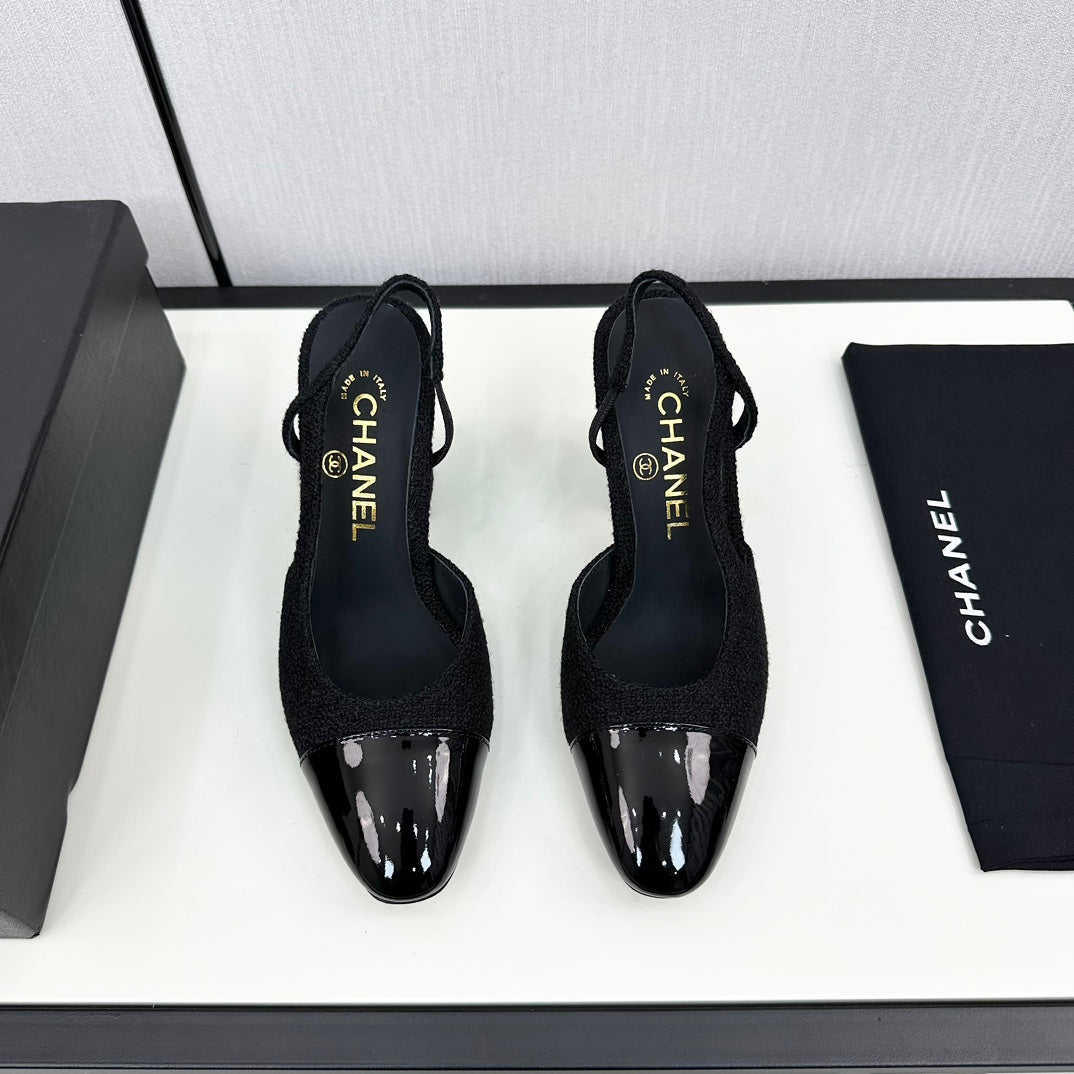 HIGH SLINGBACK BLACK TWEED AND CALFSKIN - 34