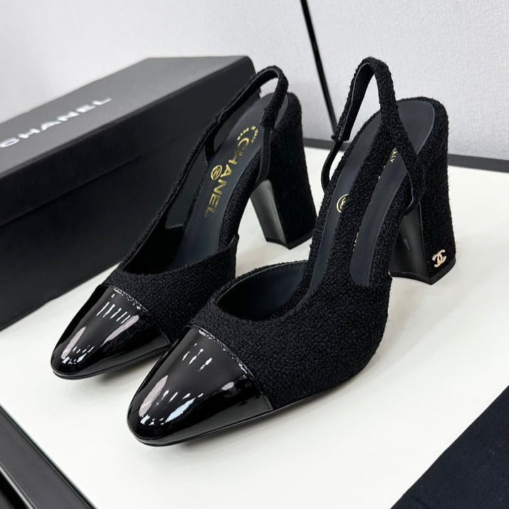 HIGH SLINGBACK BLACK TWEED AND CALFSKIN - 34