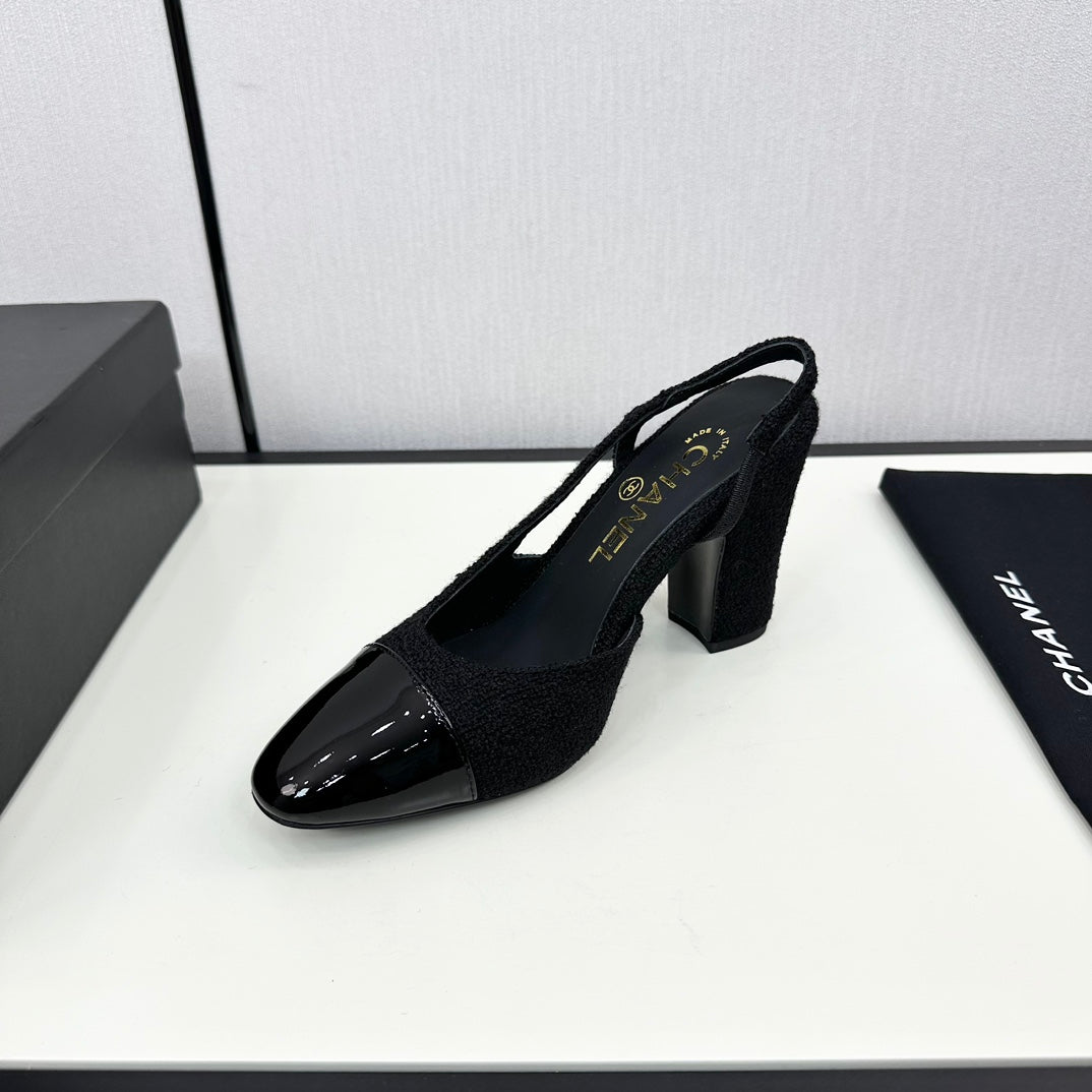 HIGH SLINGBACK BLACK TWEED AND CALFSKIN - 34