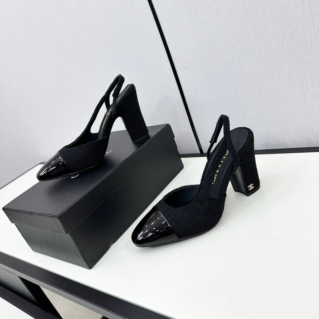 HIGH SLINGBACK BLACK TWEED AND CALFSKIN - 34